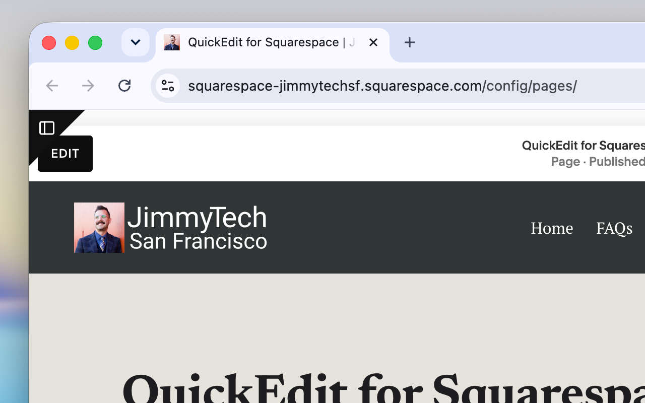 The Squarespace editor opened to a page, full width with the sidebar hidden.