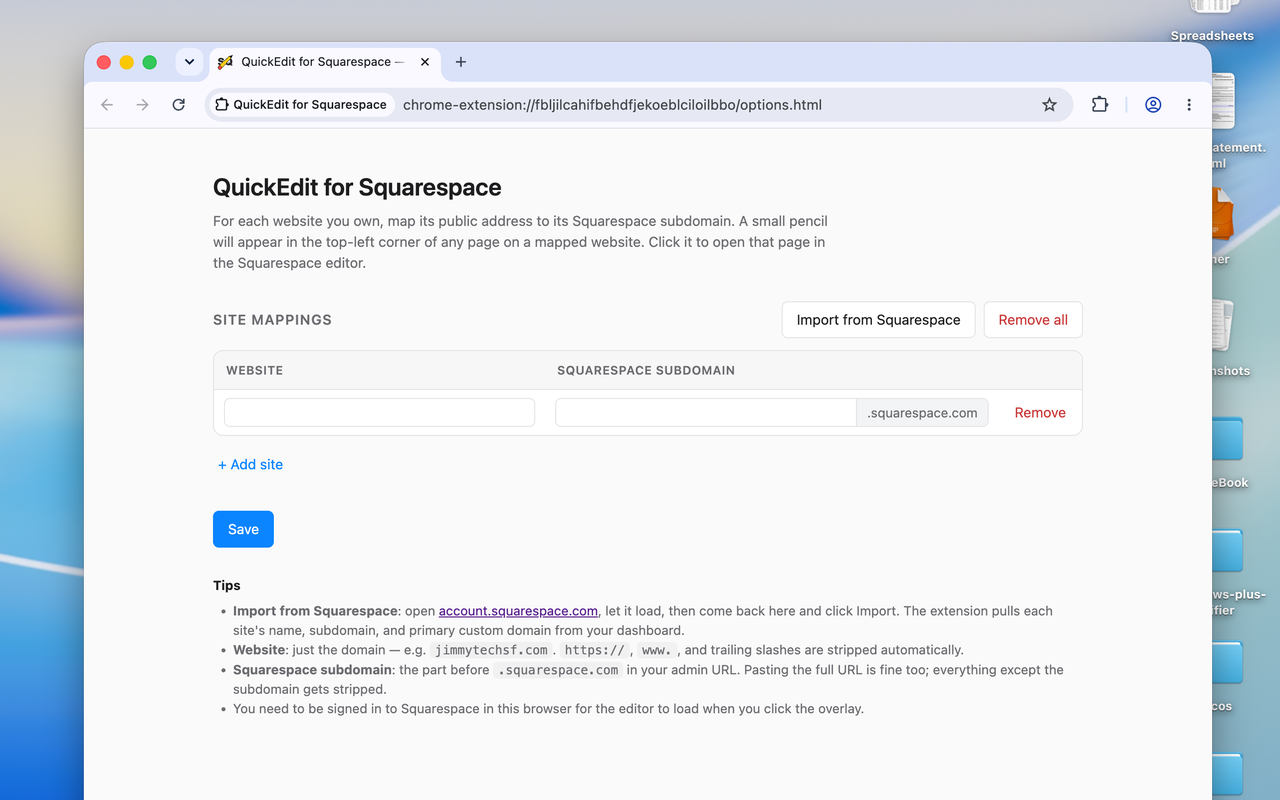 The QuickEdit options page with the site-mappings table.