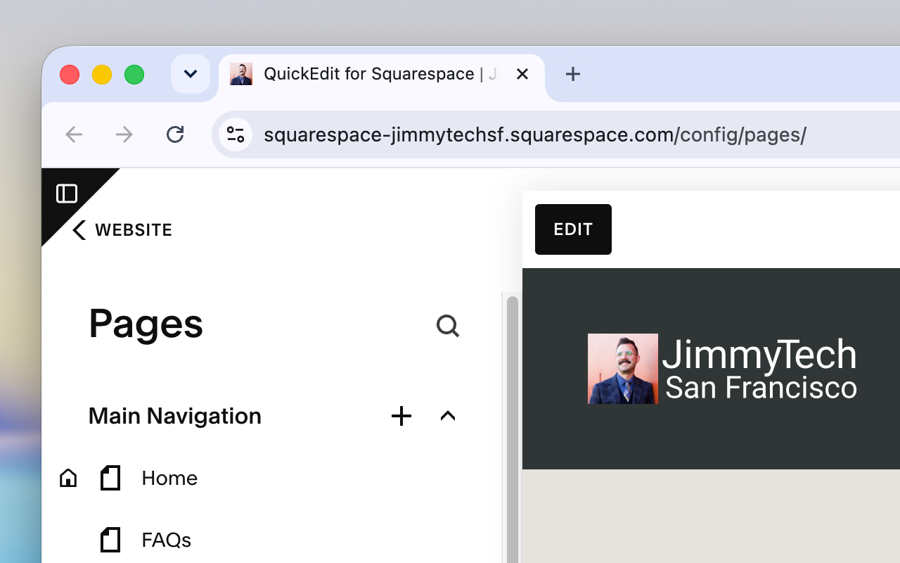 The Squarespace editor with the page-tree sidebar toggled back open.