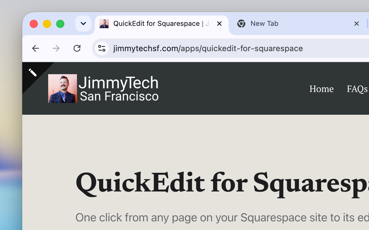 The QuickEdit pencil in the top-left corner of a page on a Squarespace site.