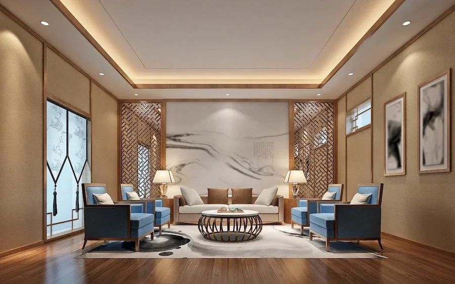 Living room with layered indirect LED lighting highlighting the ceiling and architectural details
