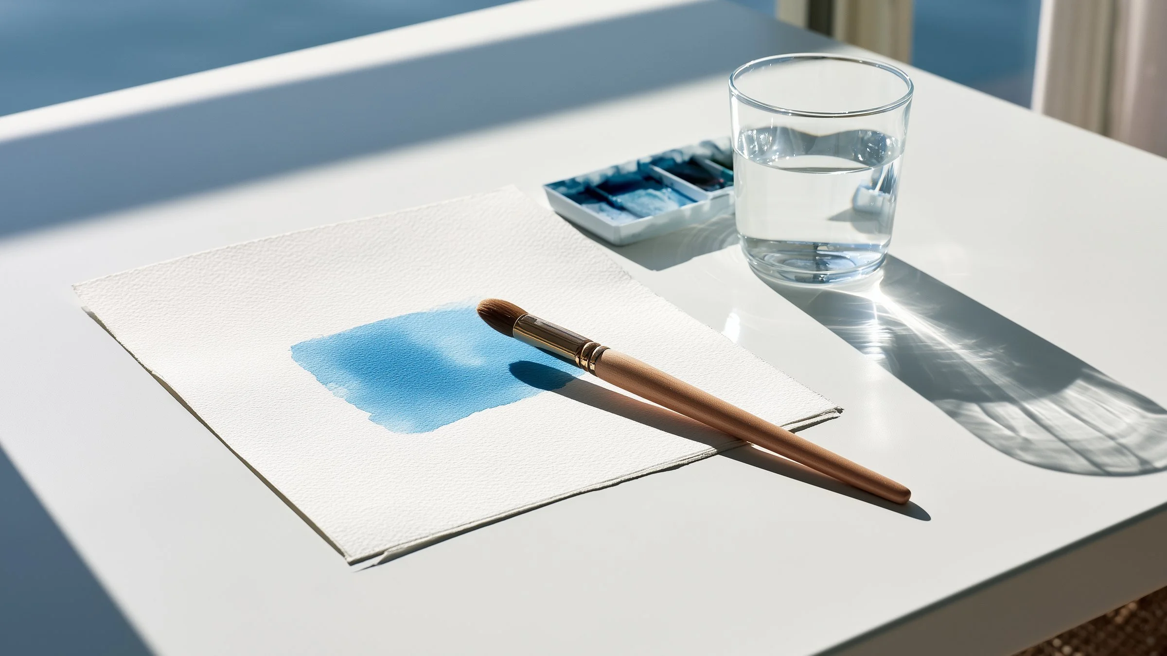 Tavolo bianco con un foglio di carta per acquerello, una velatura azzurra, un pennello, la tavolozza e un bicchiere d'acqua