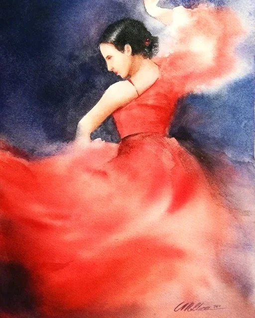 Danzatrice con abito rosso, bordi morbidi e colore in movimento