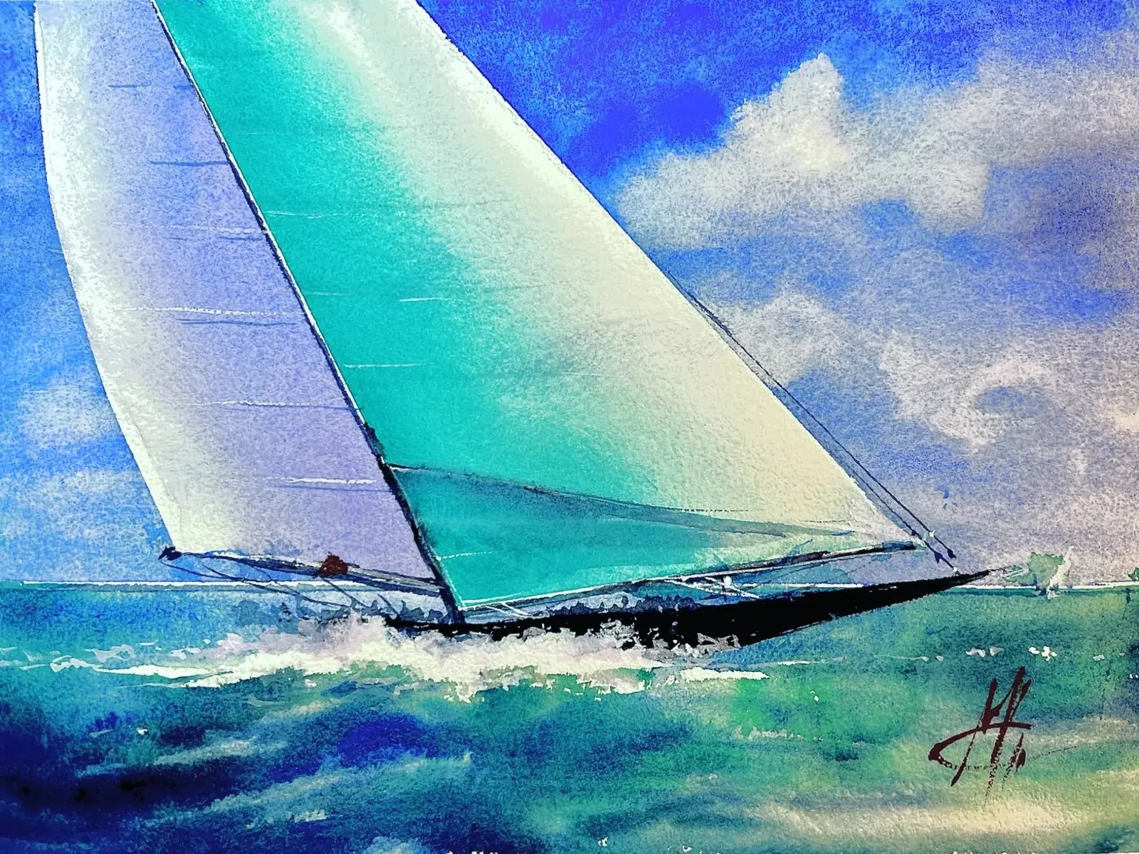 Vela turchese sul mare dipinta ad acquerello