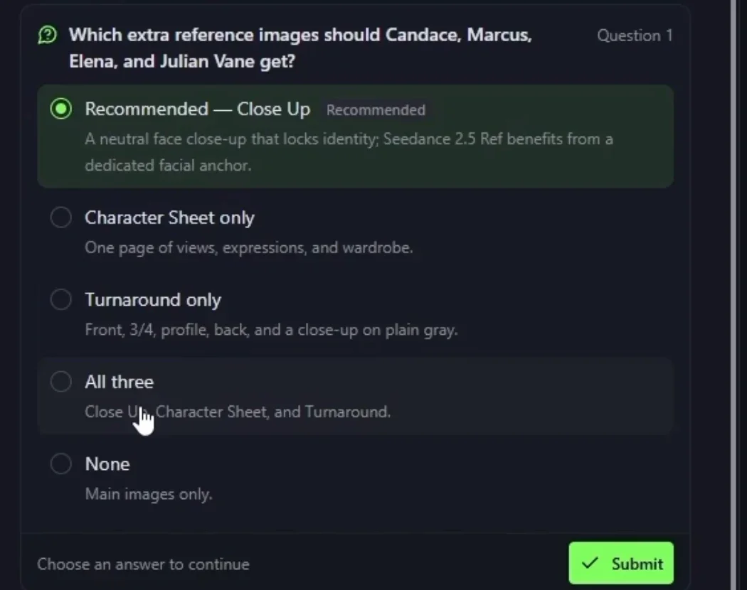 The FilmSpark AI agent asking which reference images to create for each actor during Production Planning