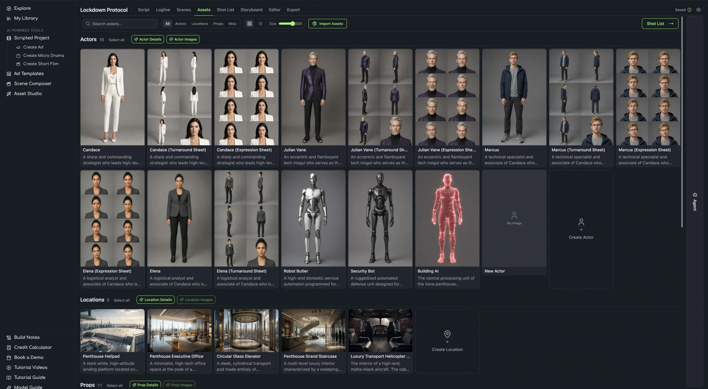 FilmSpark Assets tab showing a cast of actors, each with turnaround and expression sheets, plus locations