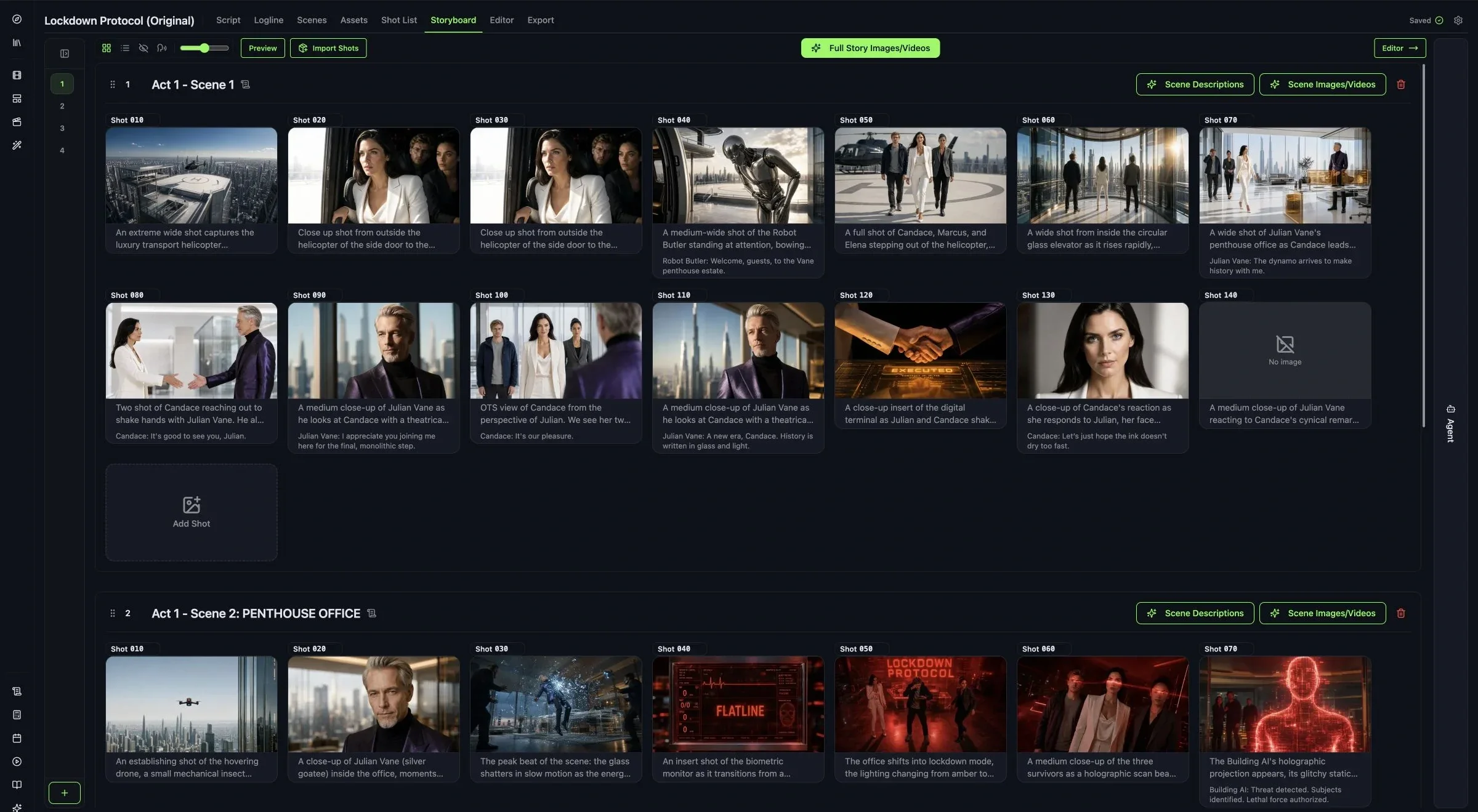 FilmSpark Storyboard tab showing two scenes laid out shot by shot with dialogue under each frame