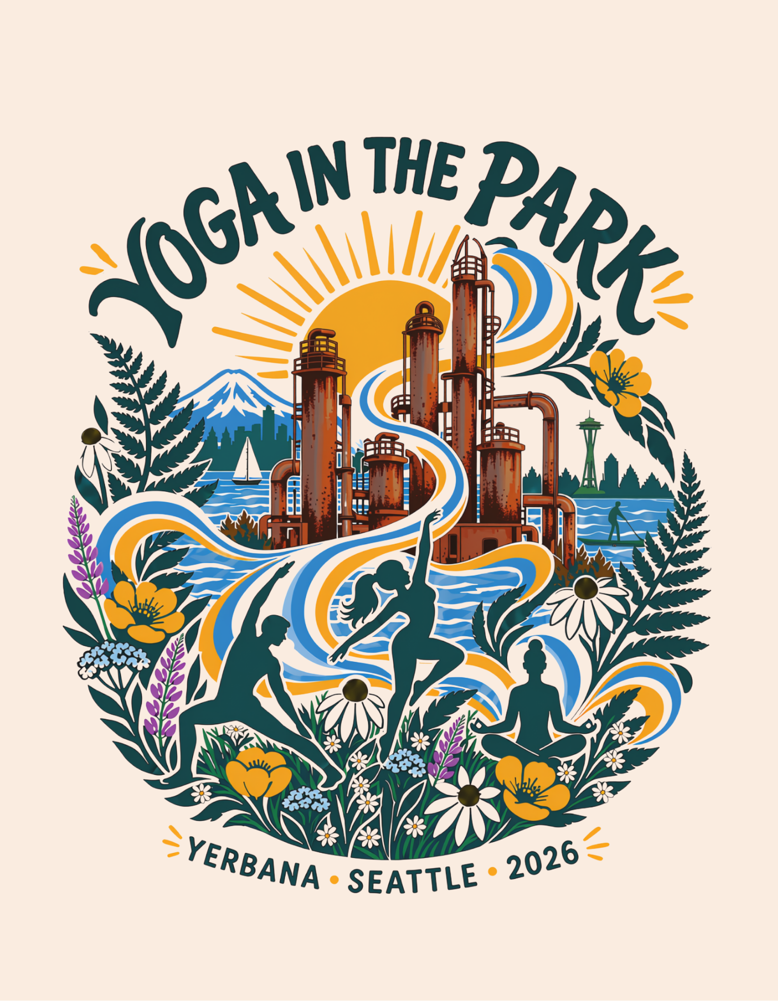 Winning design: Yoga In The Park illustration with the Gas Works Park towers, a rising sun, flowing ribbons, three figures moving and meditating, and Pacific Northwest wildflowers