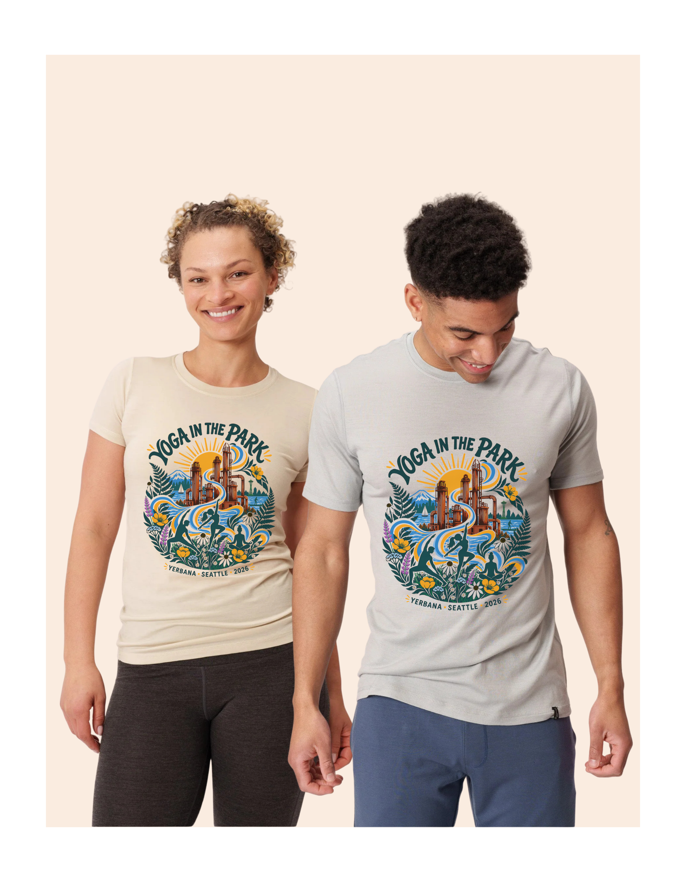 Two people wearing the Yoga In The Park shirt in natural and light grey merino wool