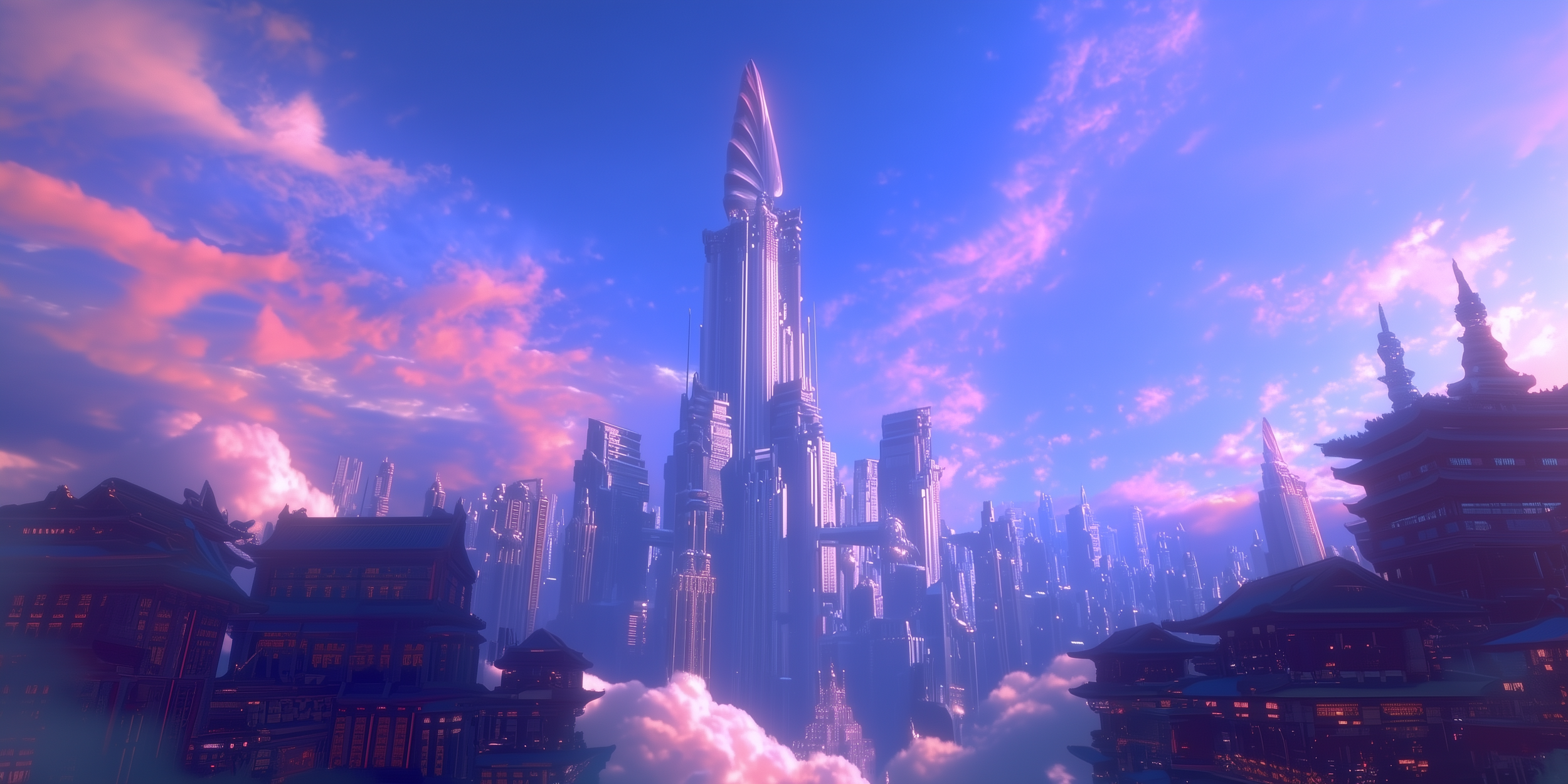 The METROPOLIS city beneath a pink and violet sky