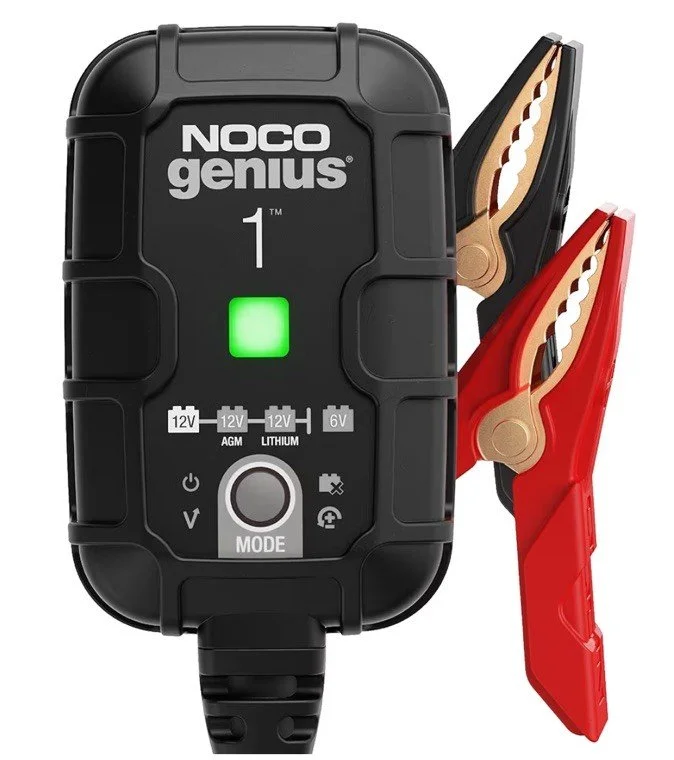 NOCO Genius 1 trickle charger with red and black battery clamps