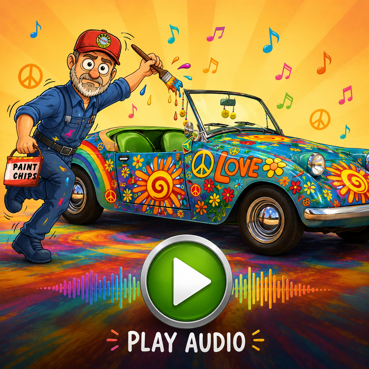 Cartoon painter with a psychedelic Crosley convertible — play "Colors in the Sun"