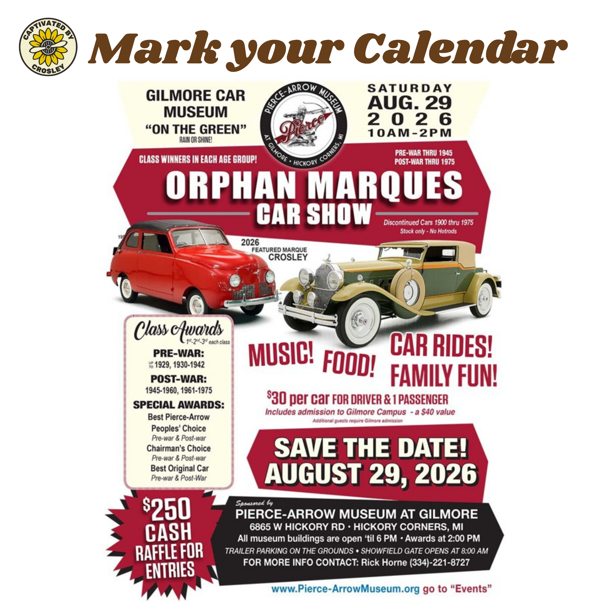 Flyer for the 3rd Annual Orphan Car Show at the Gilmore Car Museum, Saturday August 29, 2026