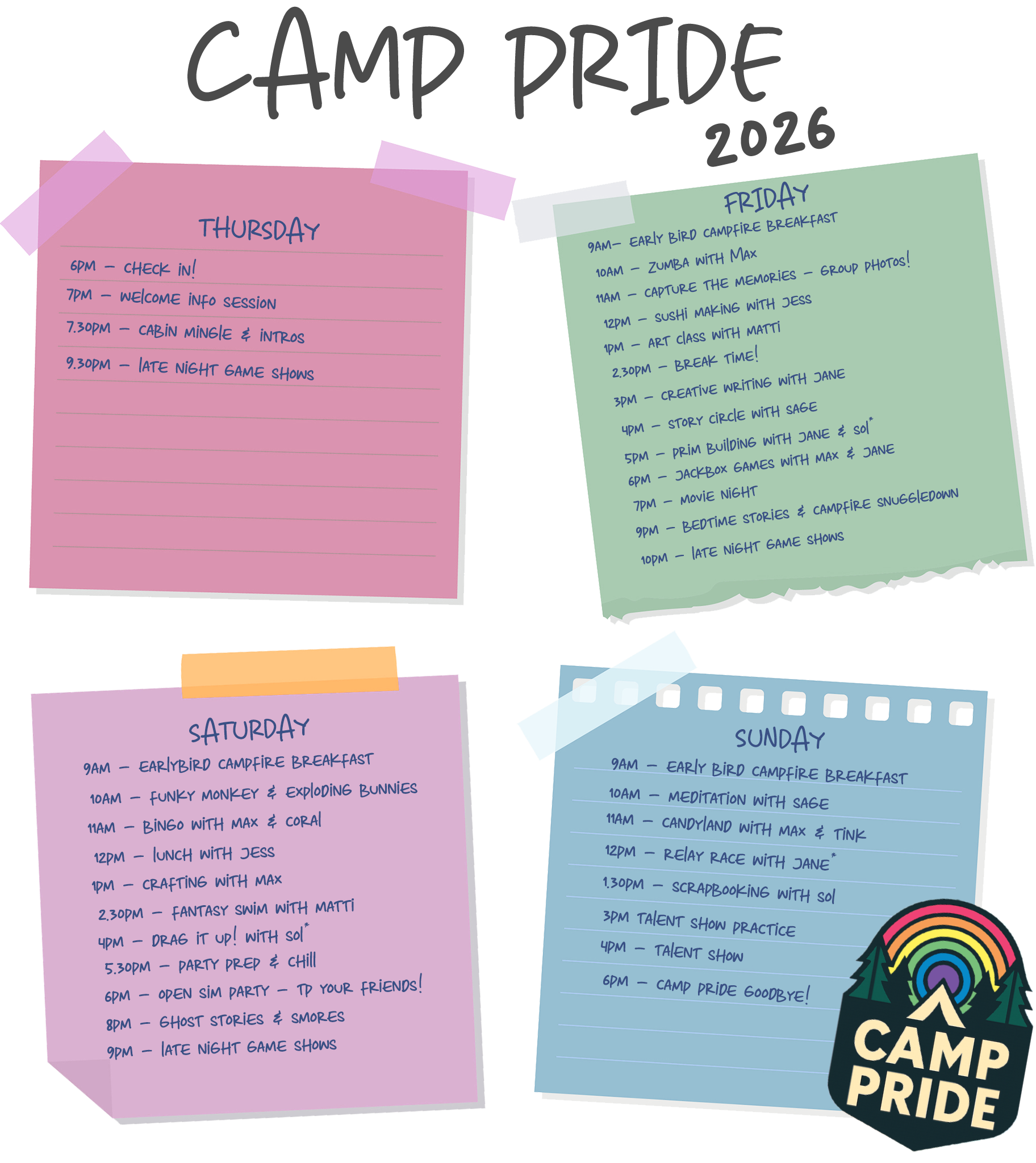 Camp Pride schedule