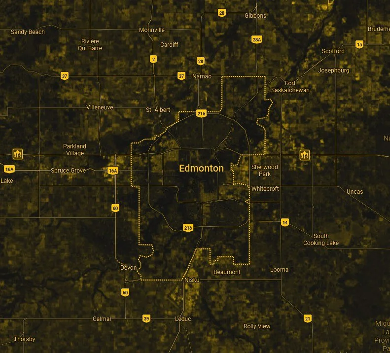 Map of Edmonton and the surrounding region showing where Maverick Studios offers headshots, with the studio in west Edmonton