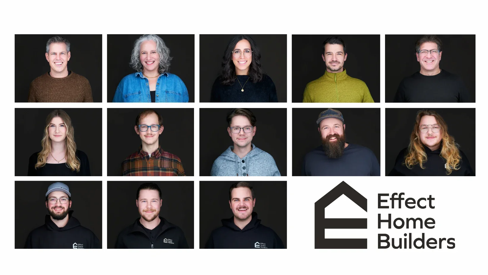 Gallery of 13 Dark Mode corporate headshots of the Effect Home Builders team, photographed on location in Edmonton by Maverick Studios