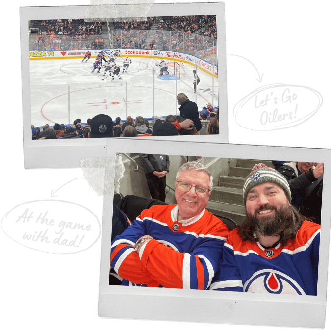 Edmonton headshot photographer Marcus Rideout and his dad at an Edmonton Oilers game at Rogers Place
