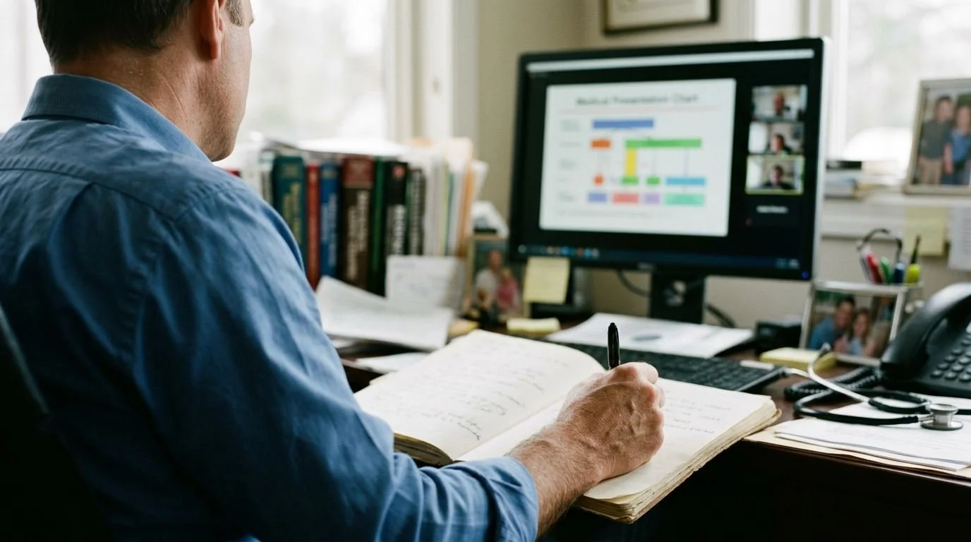 A physician taking notes during a live video training with other doctors