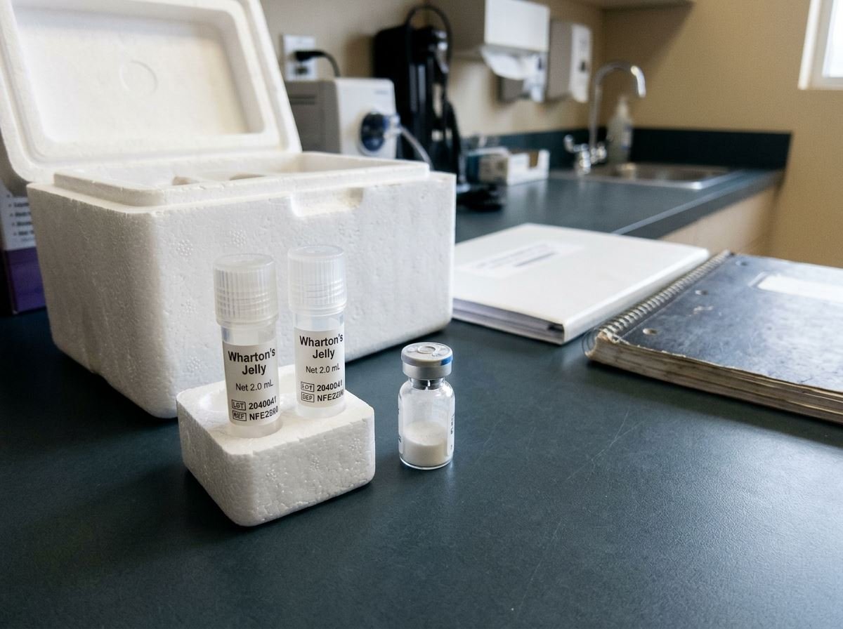 An opened foam shipper beside Wharton’s jelly vials, an exosome vial, and a documentation binder on a clinic counter