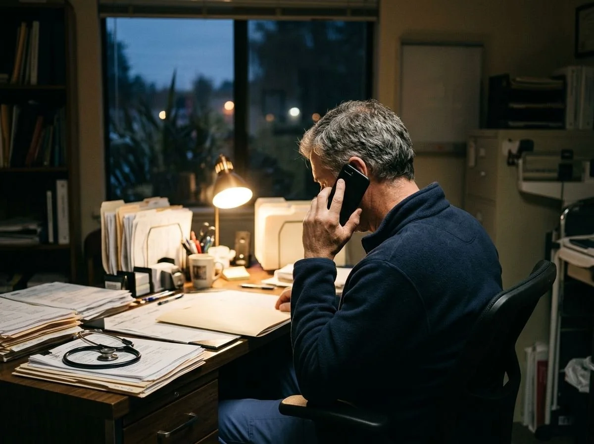 A physician at his office desk in the evening, on the phone