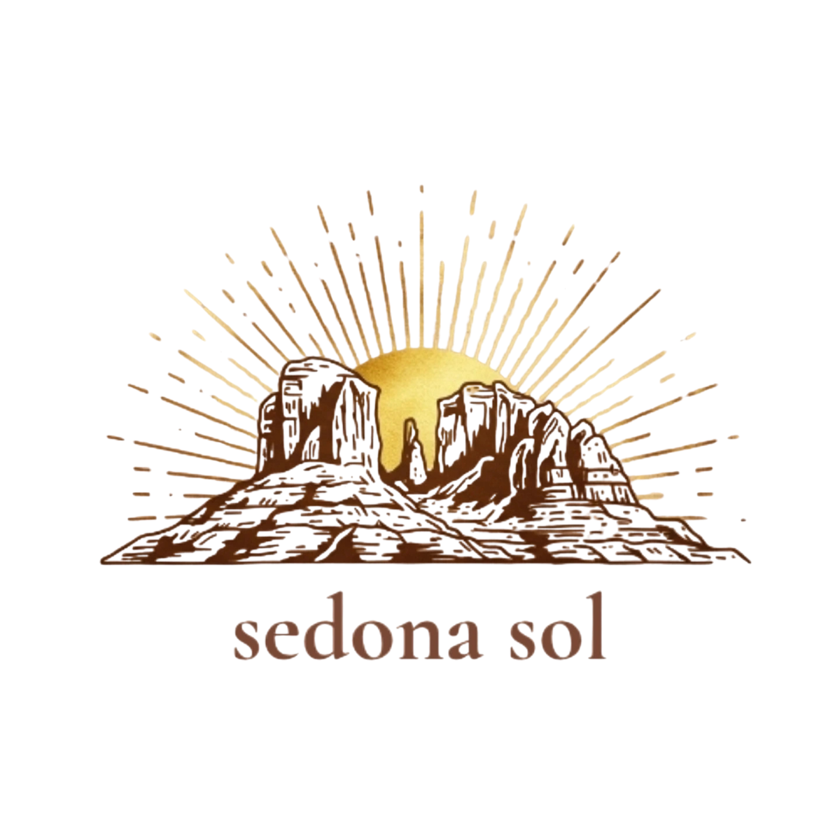 Sedona Sol sunless education logo featuring a stylized desert sun rising over red rock mesas