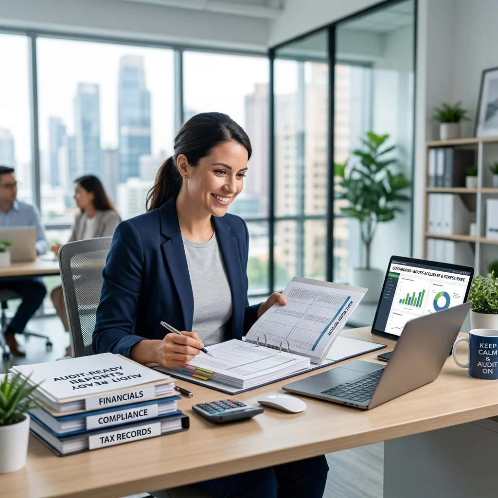 A smiling professional bookkeeper in a navy blazer organizing audit-ready reports, financials, and tax records in binders to ensure compliance and stress-free accounting.