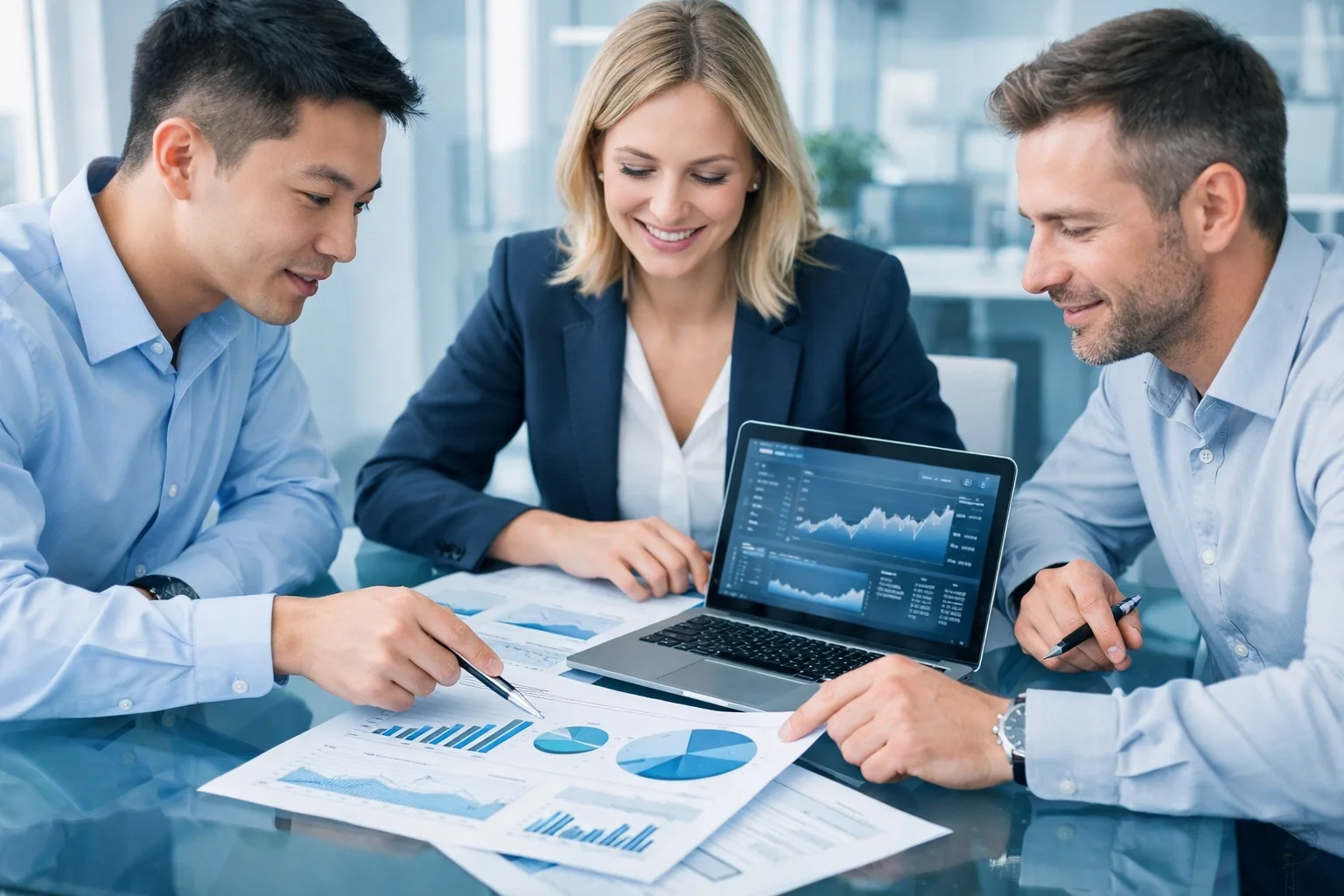 Small team reviewing financial reports together in a modern office, representing strategic advisory and reporting.