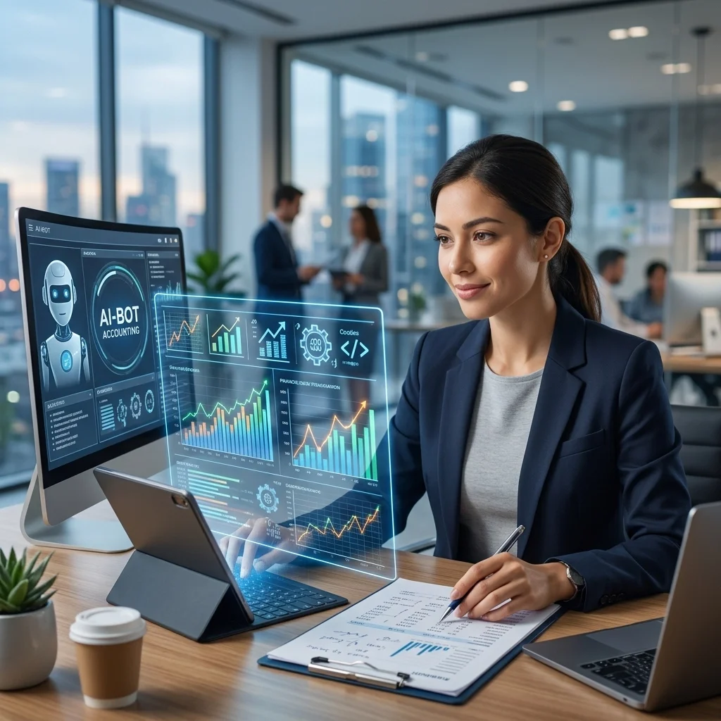 Professional Bookkeeper at a desk using a tablet and holographic interface to provide strategic human insights on AI-powered bookkeeping analytics for a small business.