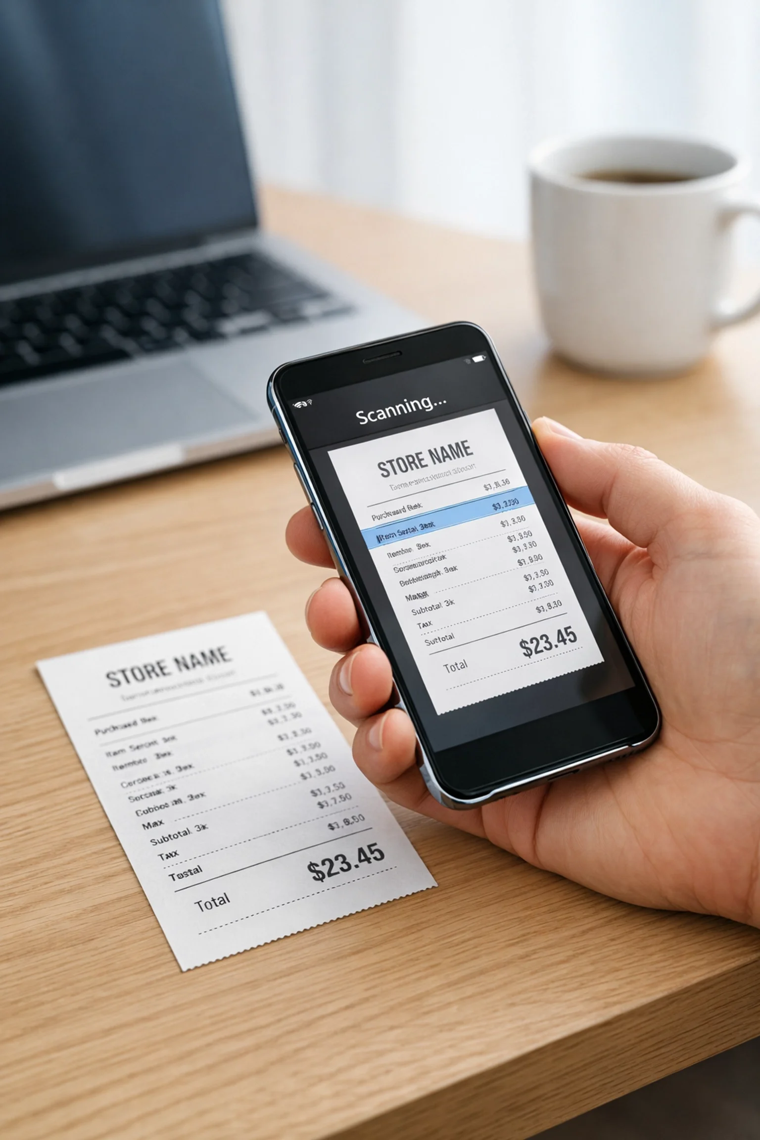 An organized bookkeeper's desk setup with a laptop displaying small business analytics alongside a physical planner and financial reports, representing a 
