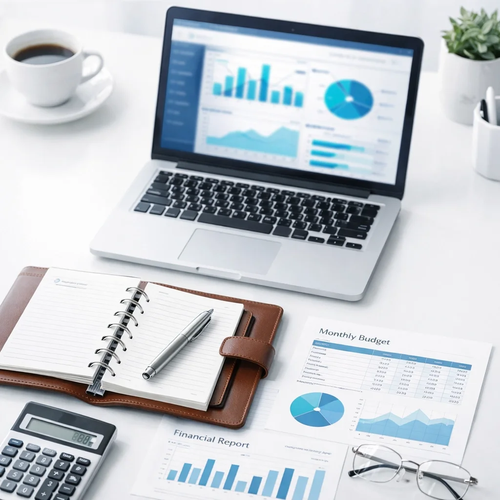 Organized workspace with financial dashboard for small business financial organization.