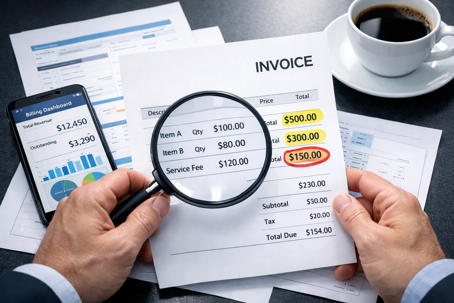 Examining invoice with magnifying glass to catch small billing errors