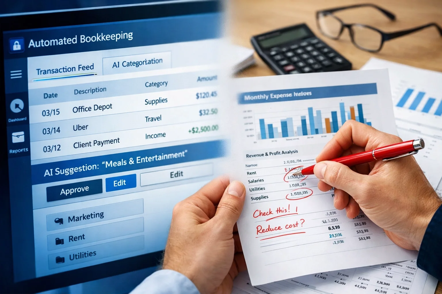 Bookkeeping automation software and human financial review process side by side