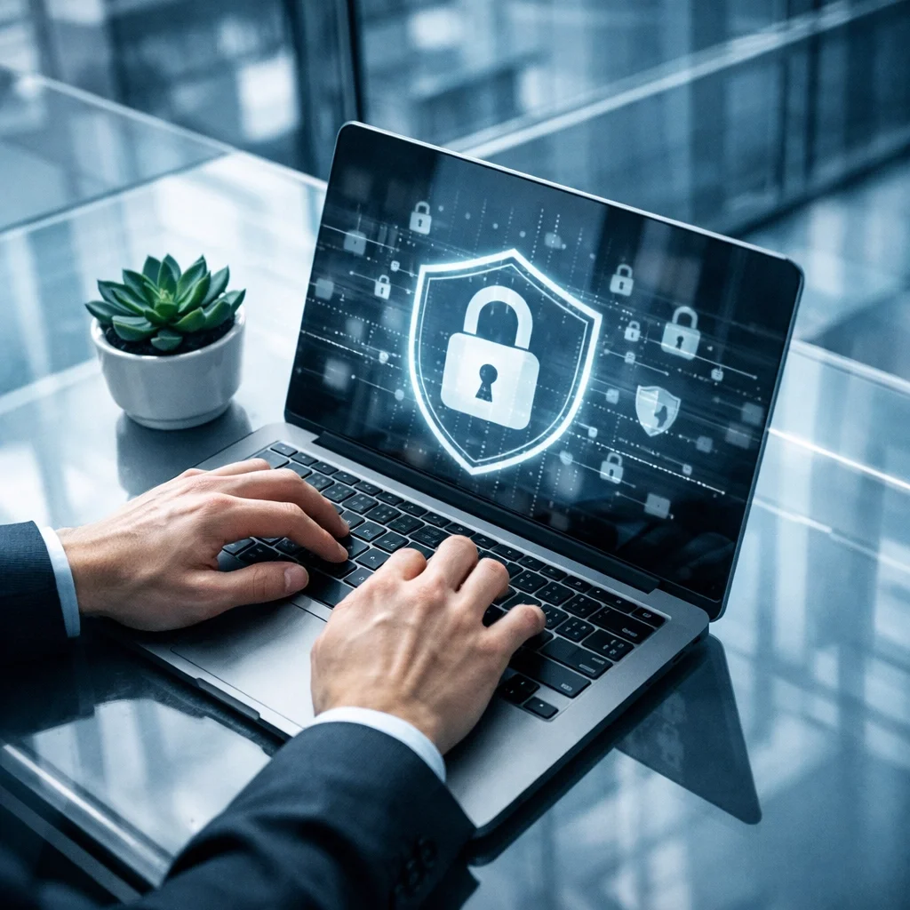 Secure digital bookkeeping using a laptop in a modern office to maintain financial access controls.