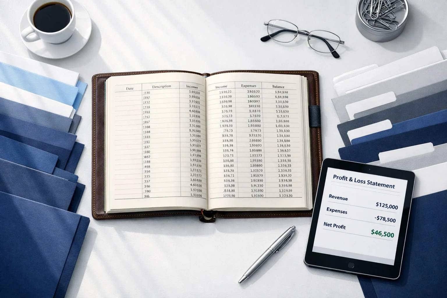 Clean organized bookkeeping records with ledger and financial statements