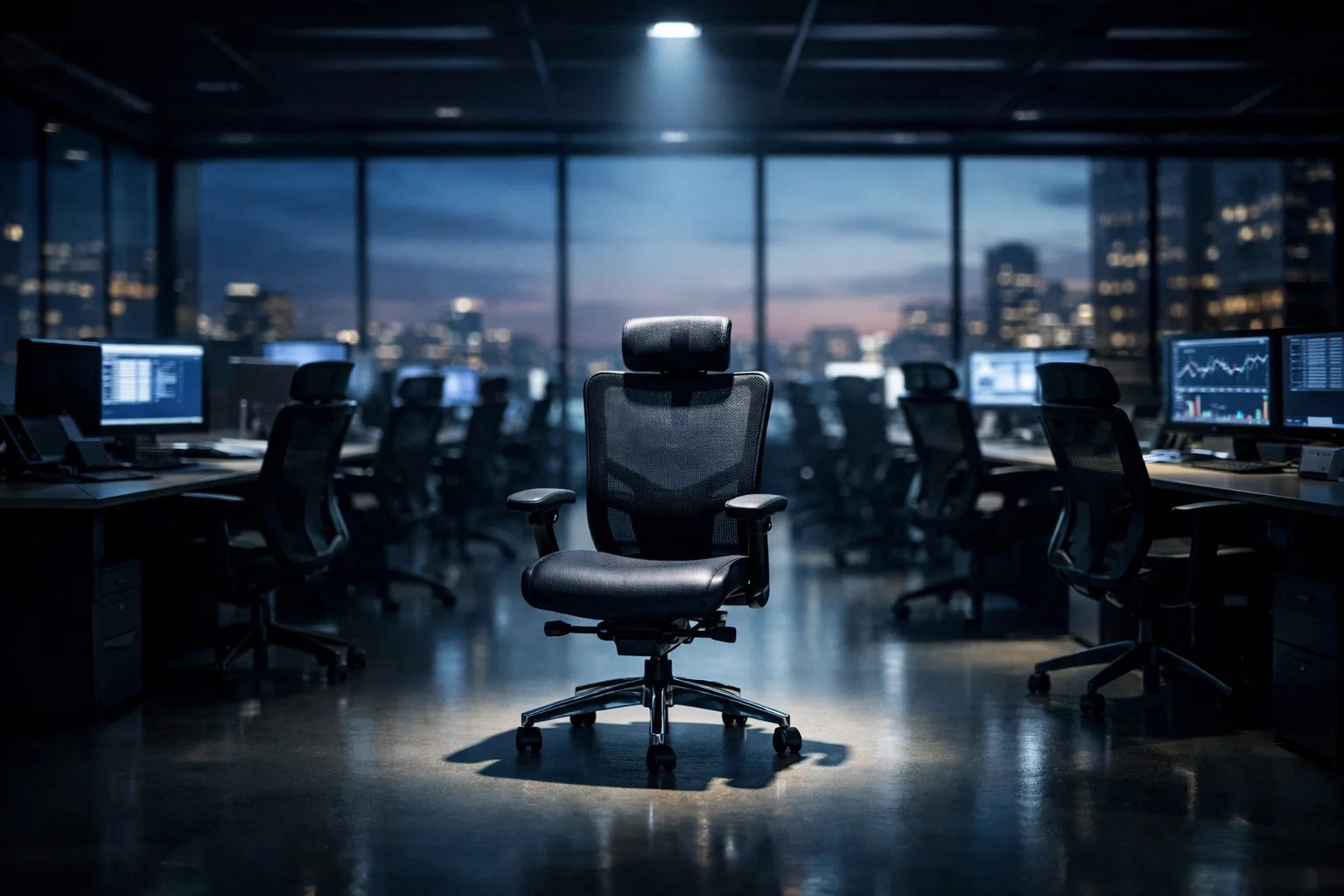 An empty office chair in a modern workspace representing unused software licenses and zombie seats.
