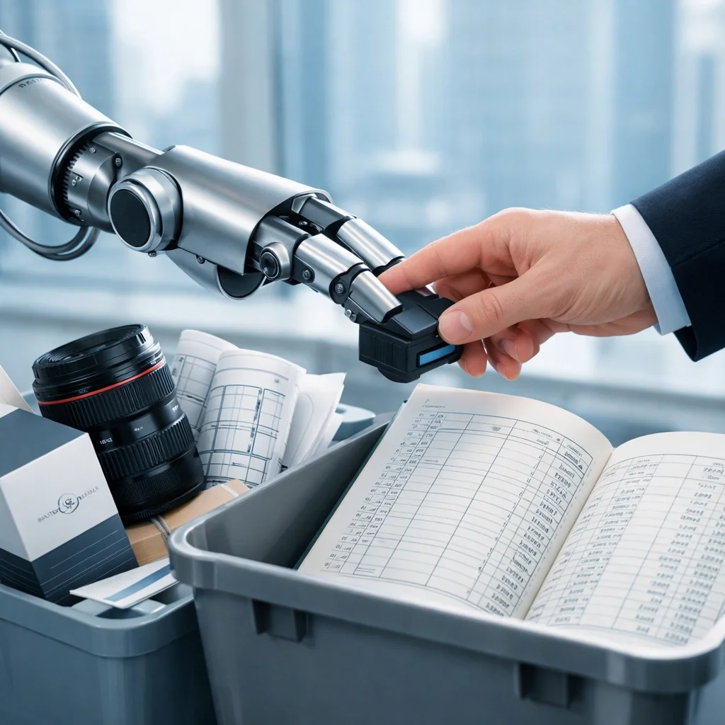Close-up of a robot arm and a bookkeeper’s hand working together over physical accounting ledgers to ensure data integrity and human-verified financial records.