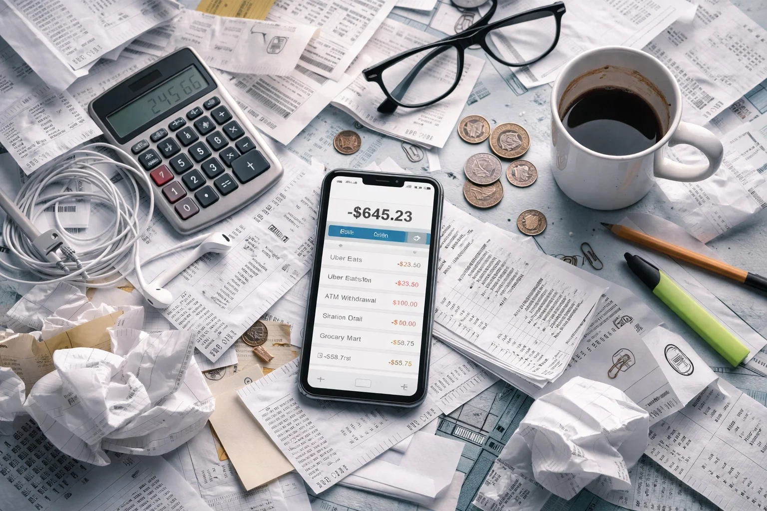 Disorganized receipts and coffee mug