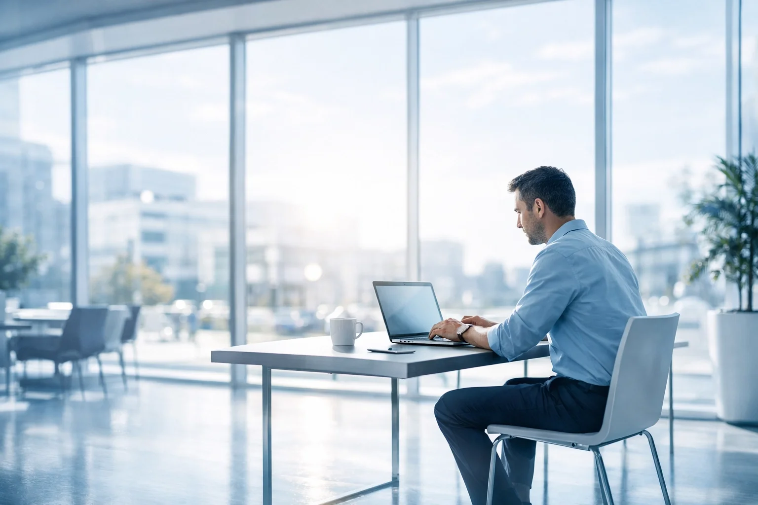 Professional small business owner in a blue shirt working at a clean desk in a high-rise office, representing a business owner who can focus on growth because his financial records are secure and compliant thanks to his outsourced bookkeeping.