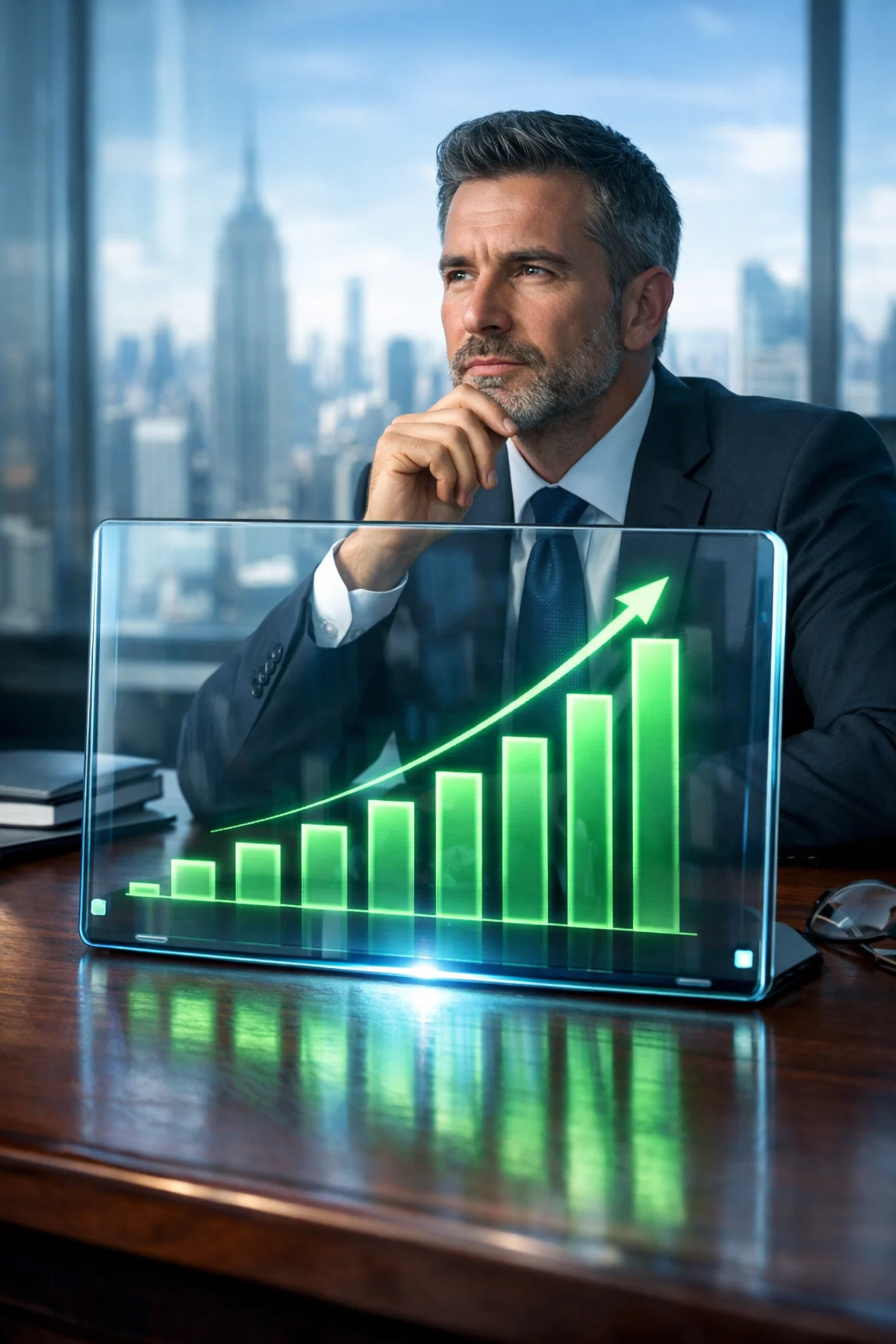Close-up of a bookkeeper reviewing a rising financial bar graph on a futuristic screen, highlighting how human oversight turns automated data into business growth.