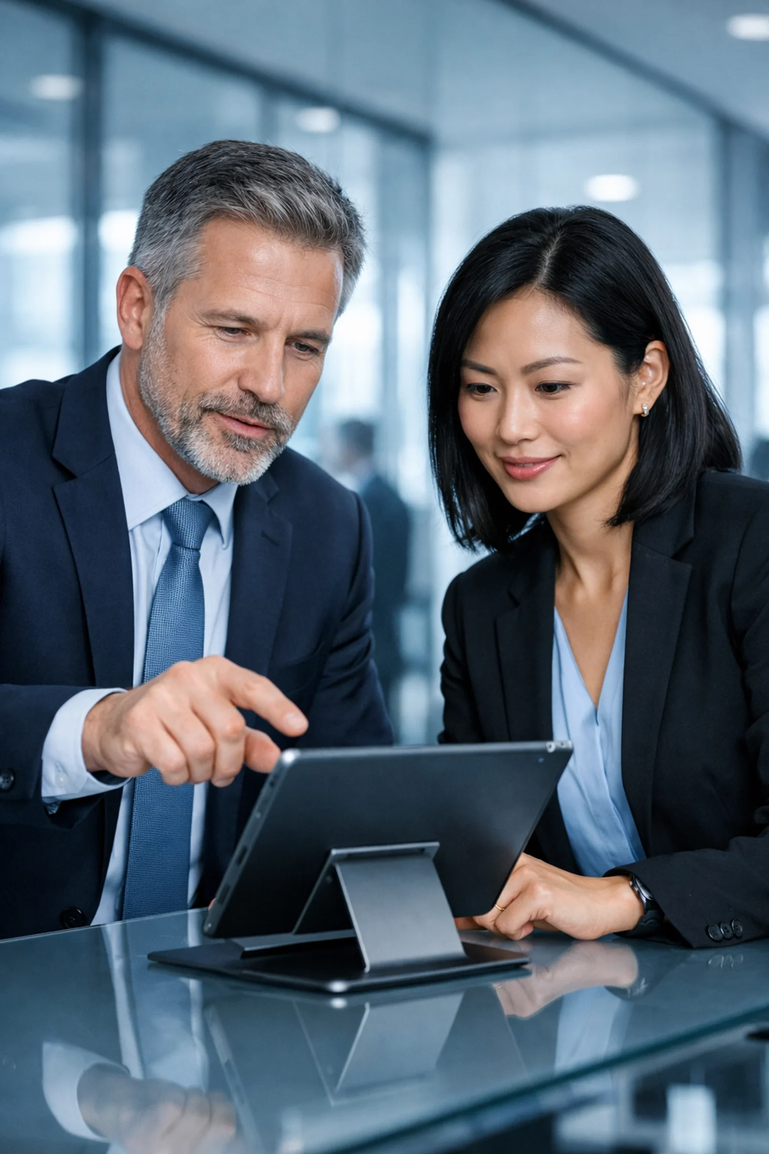 A professional bookkeeper and small business owner in business attire collaborating over a digital tablet, performing a human-led audit of business records to ensure 100% accuracy.
