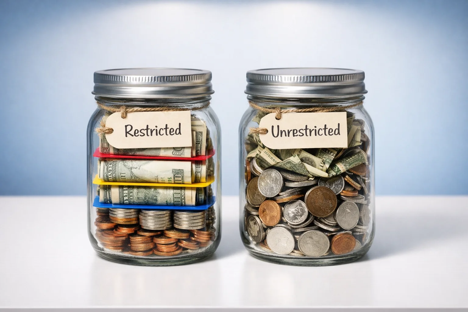 Two jars labeled restricted and unrestricted showing fund separation