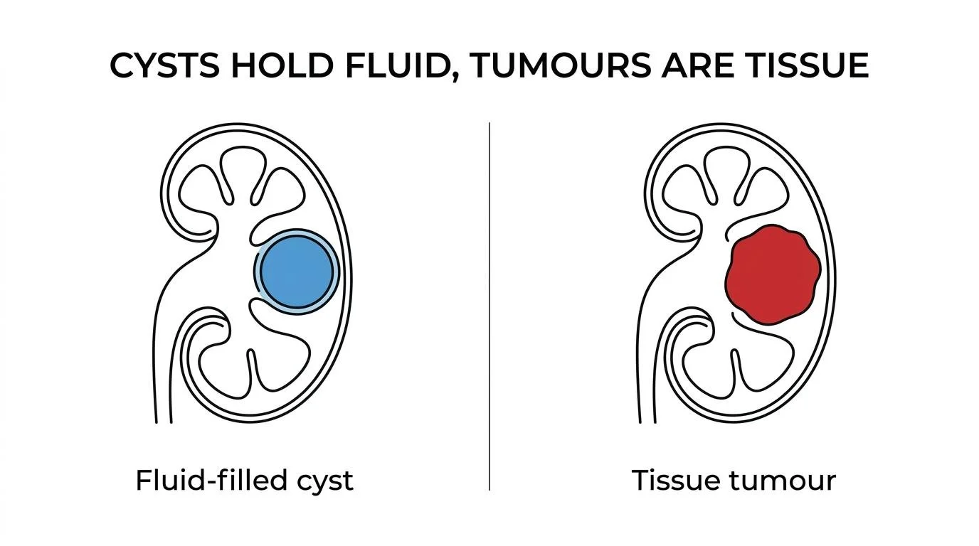 Side-by-side comparison of a simple kidney cyst and a kidney tumour, showing fluid-filled versus solid tissue features on imaging