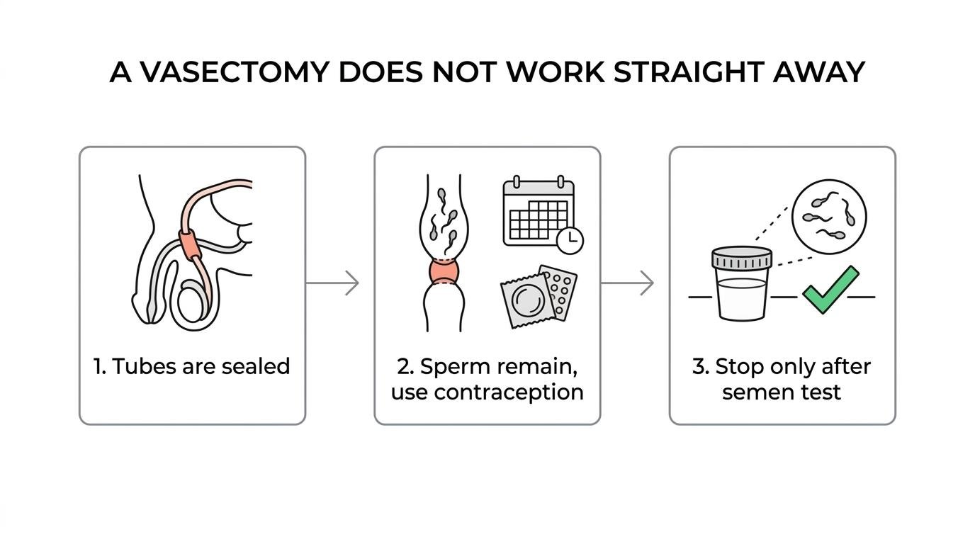 A timeline showing vasectomy stages from consultation and procedure through recovery to semen testing and confirmed effectiveness