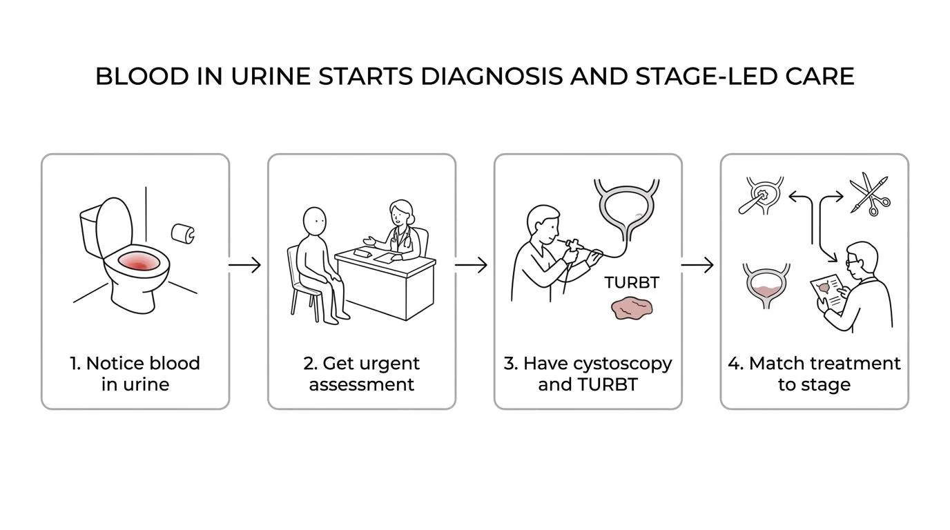 Haematuria investigation pathway — from blood in urine to urgent assessment, cystoscopy, TURBT, pathology, and stage-based treatment