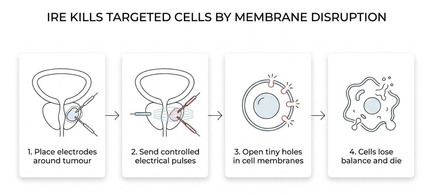 NanoKnife IRE for prostate cancer — electrodes delivering electrical pulses to the cancer-bearing zone