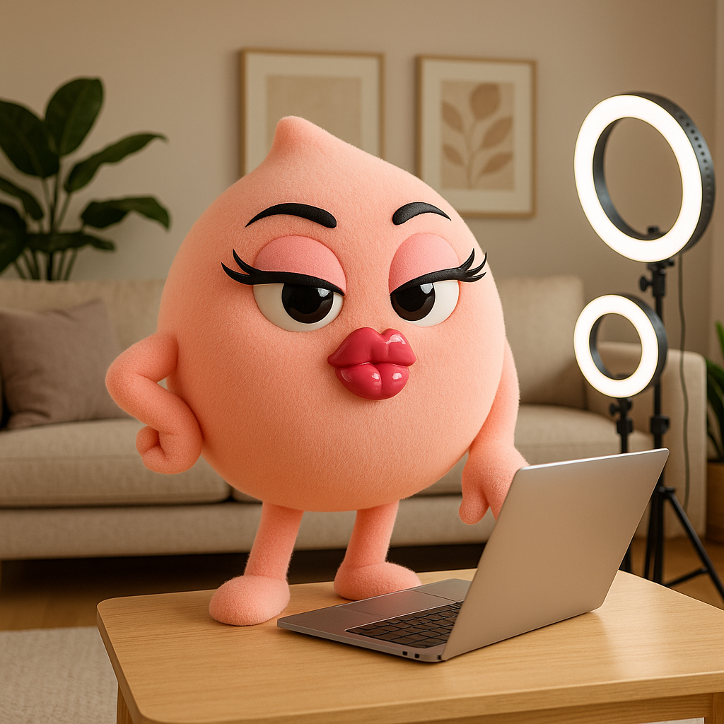 Poshy Peach mascot working at a laptop