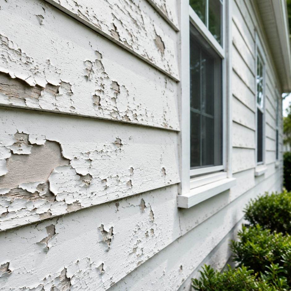 home exterior wall with peeling paint showing bare wood