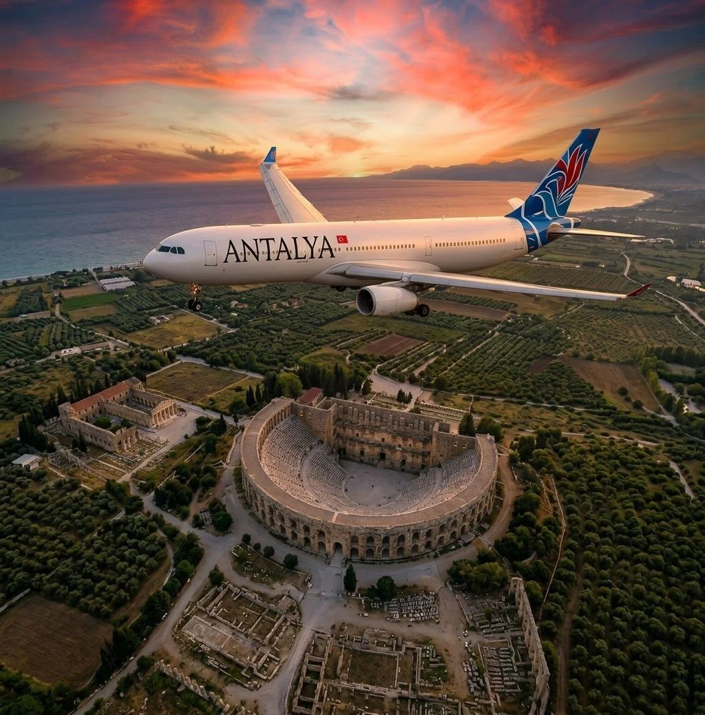 A plane with ANTALYA livery flies over the ancient Aspendos theatre at sunset