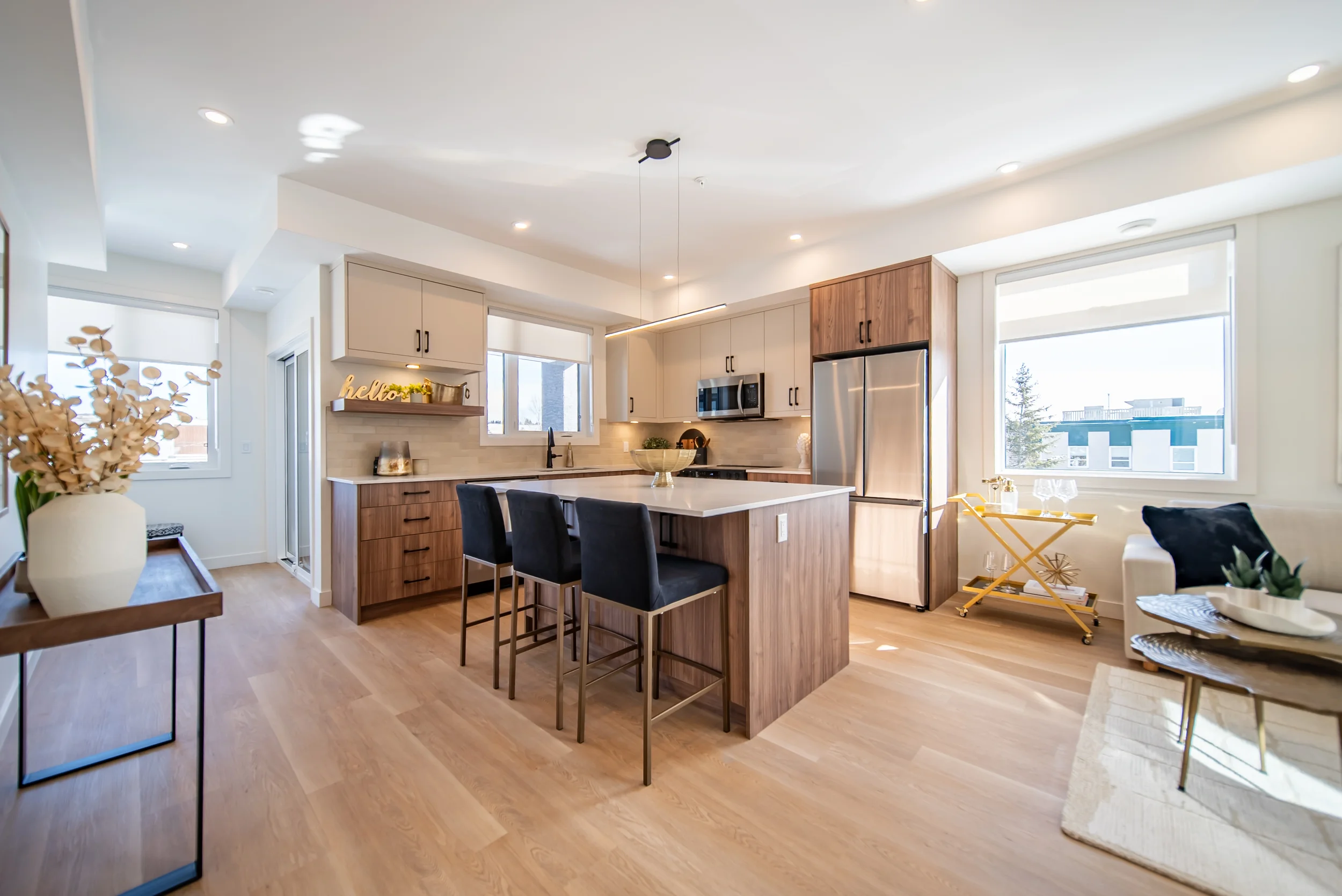 Exterior detail of townhomes for rent in Calgary highlighting modern materials and architectural style