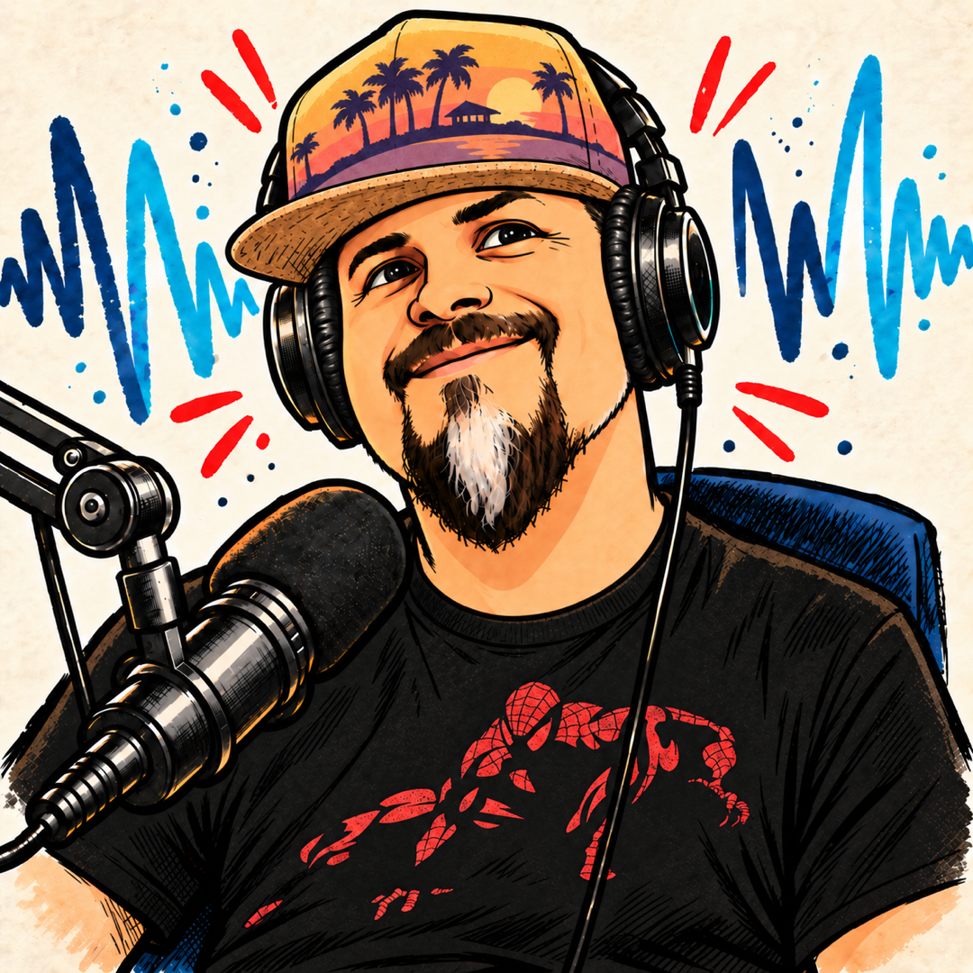 Comic-style Chris Conley wearing his sunset palm-tree hat, black headphones and Spider-Man shirt, speaking into a microphone.